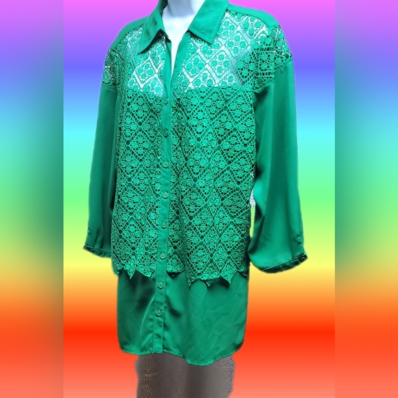 Vintage  Mint Green Lace Overlay Button Down Blouse - Picture 8 of 13